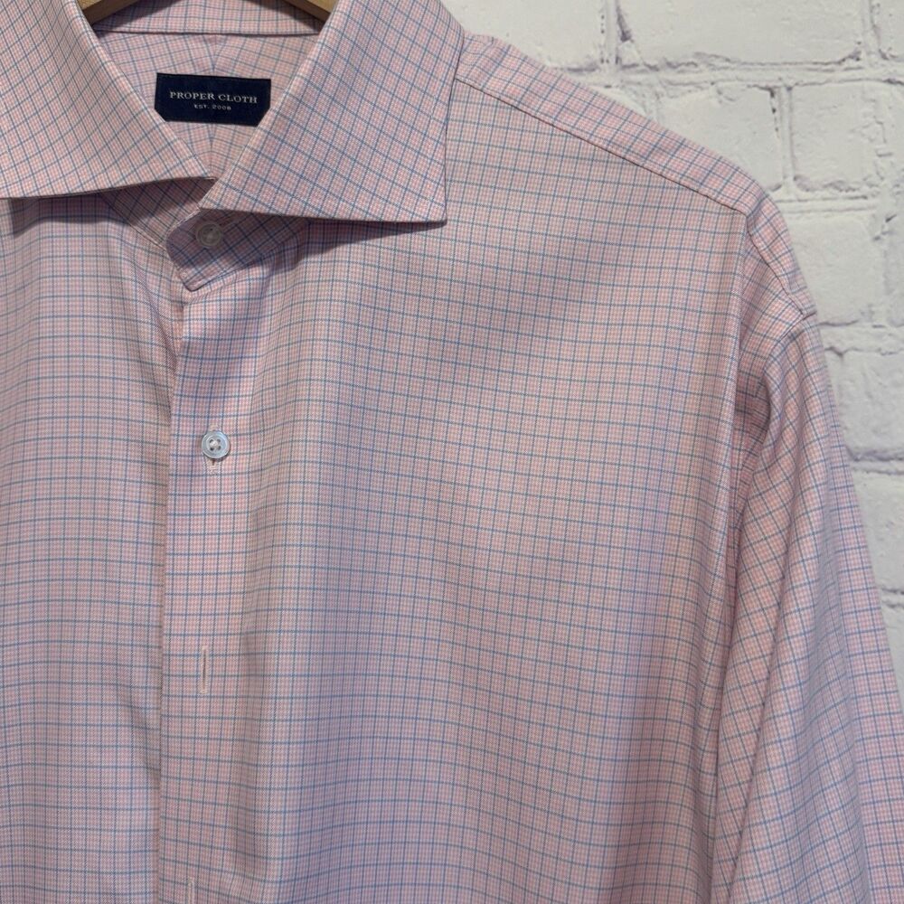 Proper Cloth Custom Dress Shirt Pink Blue Check Plaid French Cuff Men's L/XL
